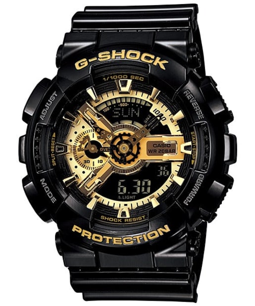CASIO GA-110GB-1ADR G-Shock 200米防水防震手錶 - 黑金色錶款,正面白色背景