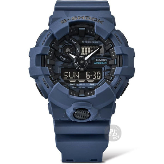 CASIO GA-700CA-2AER G-Shock 樹脂錶帶 200米防水 - 海軍藍迷彩圖案錶面特寫