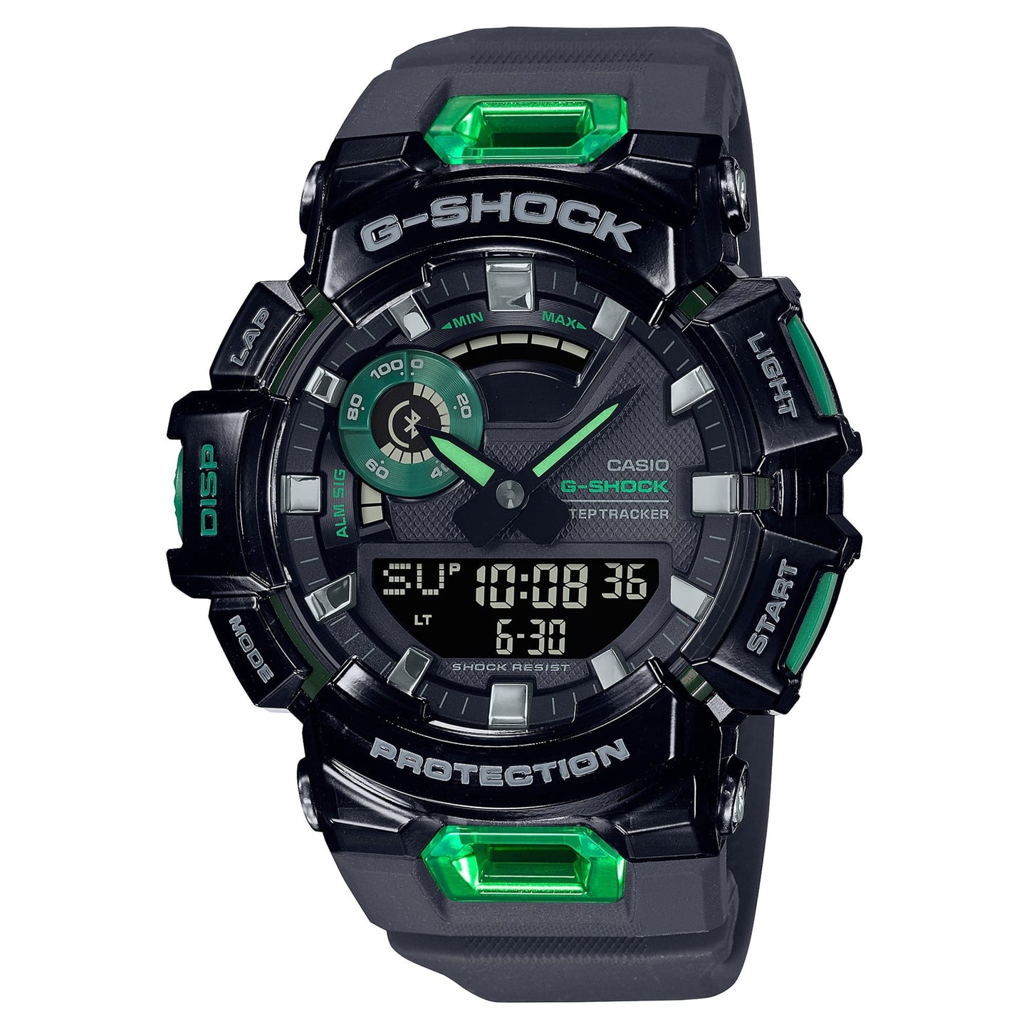 CASIO GBA-900SM-1A3ER G-Shock 200M 防水防震手錶 - 黑色錶款配綠色點綴,正面白色背景