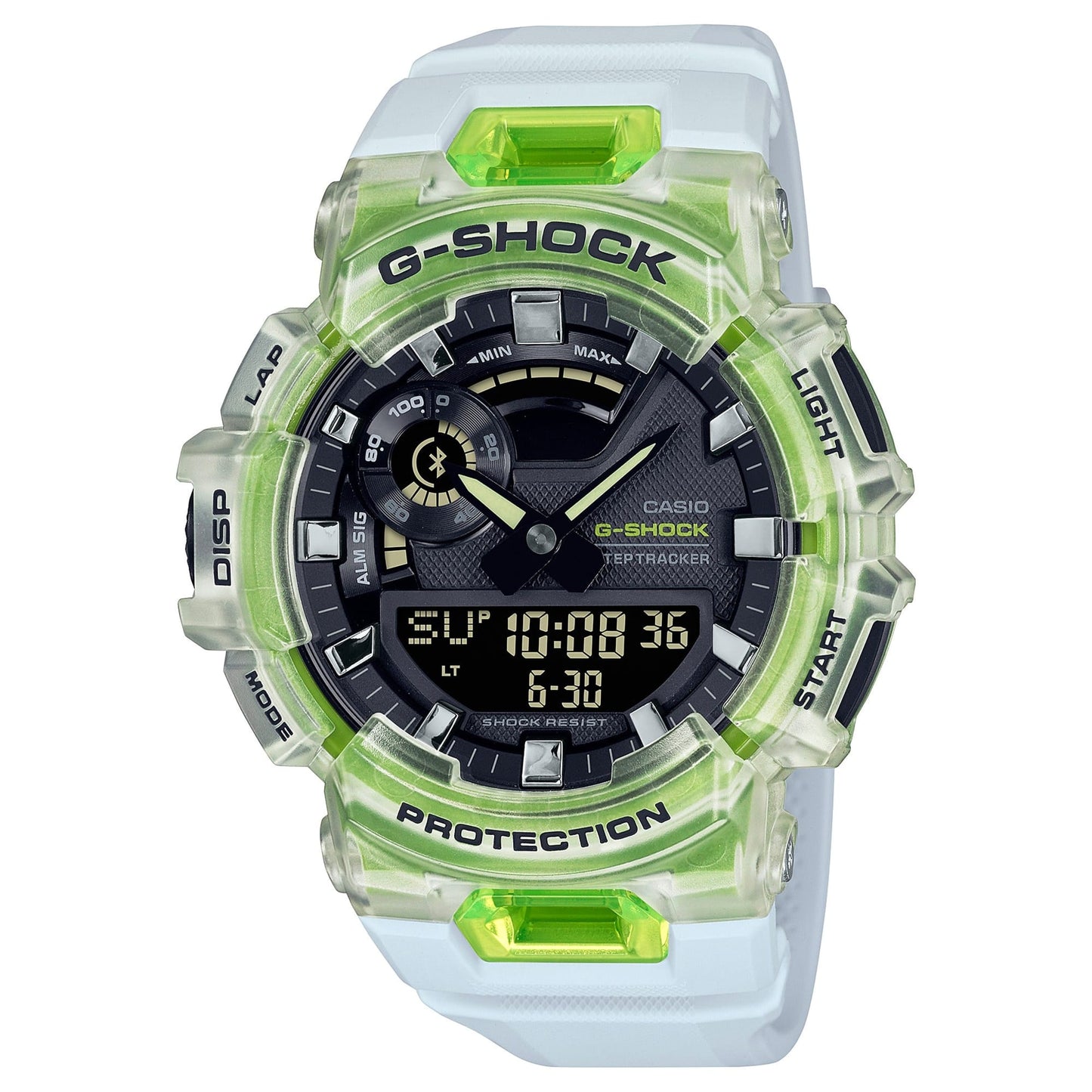 CASIO GBA-900SM-7A9ER G-Shock 200M 防水 防震 - 半透明綠色錶款,正面白色背景