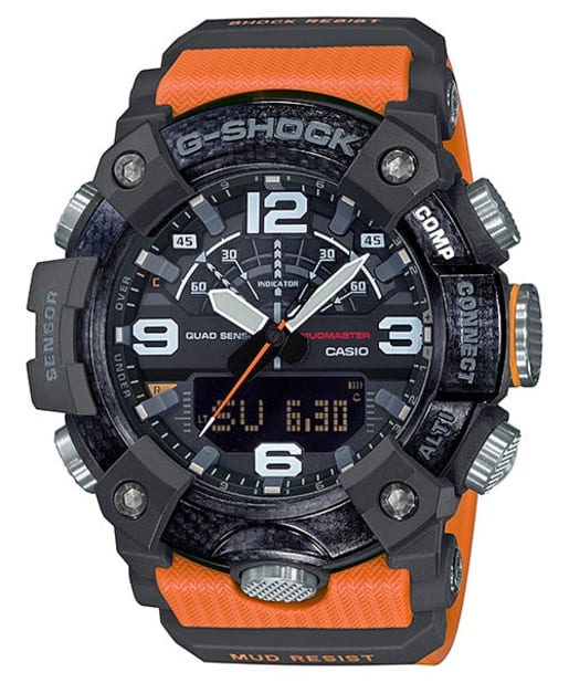 CASIO GG-B100-1A9DR G-Shock 樹脂錶帶 200米防水 - 黑色錶款配橙色樹脂錶帶,正面白色背景