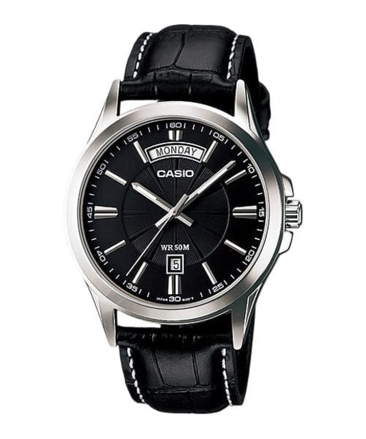 CASIO MTP-1381L-1AVDF 黑色腕錶 - 男裝錶配黑色皮革錶帶及銀色錶殼,正面白色背景