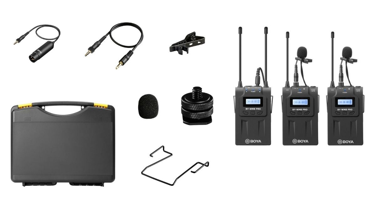 Dimbuyshop 點Buy 博雅 BOYA BY-WM8 PRO 雙頻道無線麥克風系統 各類無線應用 LED 顯示屏 實時監聽功能 採訪 電影製作 電子新聞 UHF Dual-Channel Wireless Microphone System LCD display PLL-synthesized tuning capturing audio with dual subjects filming interview 包裝内容