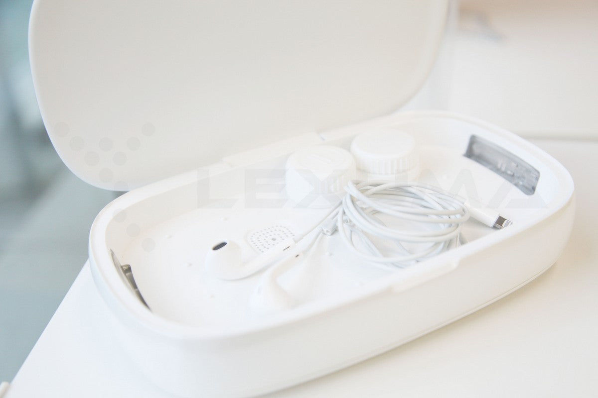 Dimbuyshop Lexuma XGerm mobile phone UV Sanitizer disinfectant phonesoap accessories 多功能手機紫外線消毒器 紫外線消毒 消毒產品 殺滅細菌 手機清潔 clean your phone white in color earphones