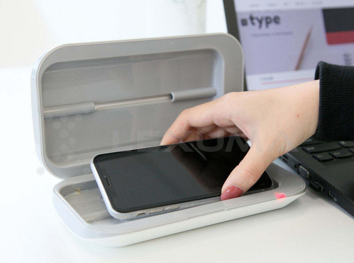 Lexuma-XGerm-Pro-Compact-Phone-UV-Sanitizer-putting phone