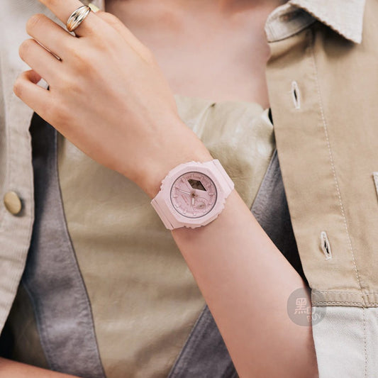 CASIO GMA-S2100BA-4AER 女性皮革 G-Shock 指針數字粉紅色錶盤手錶