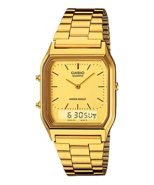CASIO AQ-230GA-9DHDF 模擬數字復古金色不鏽鋼金屬錶帶男士手錶 - 金色男裝錶配金屬錶帶，正面白色背景