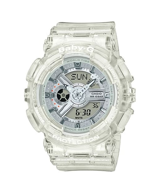 CASIO BA-110CR-7ADR BABY-G 數碼石英白色樹脂女裝手錶 - 透明樹脂錶款，正面白色背景