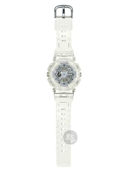CASIO BA-110CR-7ADR BABY-G 數碼石英白色樹脂女裝手錶 - 全身圖，展示透明錶帶及錶扣