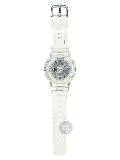 CASIO BA-110CR-7ADR BABY-G 數碼石英白色樹脂女裝手錶 - 全身圖，展示透明錶帶及錶扣