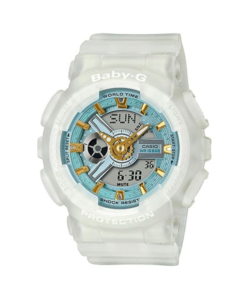 CASIO BA-110SC-7AER BABY-G 女士指針數字石英手錶 樹脂錶帶 - 透明樹脂錶款配淺藍色錶面，正面白色背景