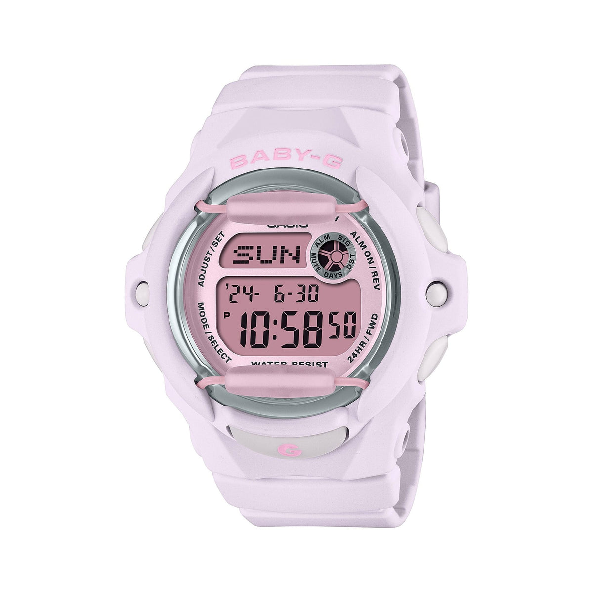CASIO BG-169M-4DR BABY-G 女裝手錶 樹脂玻璃 粉紅色 - 淺紫色錶款，正面黑色背景