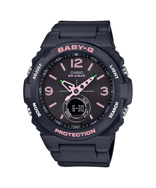 CASIO BGA-260SC-1ADR BABY-G 雙顯粉紅色錶盤女裝手錶 - 黑色錶款配粉紅色點綴，正面白色背景