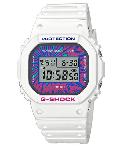 CASIO DW-5600DN-7DR G-Shock 樹脂錶帶 200米防水 - 白色錶款配紮染圖案錶面點綴，正面白色背景