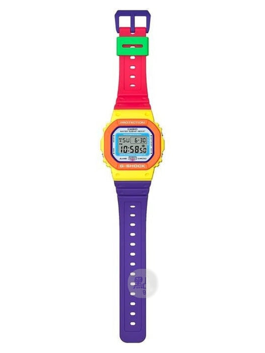 CASIO DW-5610DN-9ER G-Shock 樹脂錶帶 200米防水 - 全身圖，展示多色樹脂錶帶