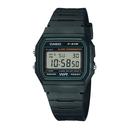 CASIO F-91W-3SDG 復古中性手錶 - 黑色電子錶，正面黑色背景