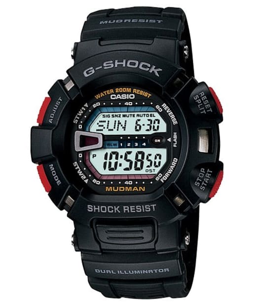 CASIO G-9000-1VER G-Shock 帆布錶帶 200-meter 防水 - Mudman黑色錶款配紅色點綴，正面白色背景