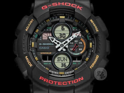 CASIO GA-140-1A4ER G-Shock 200M 防水 防震 - 黑色背景下指針電子雙顯錶面特寫
