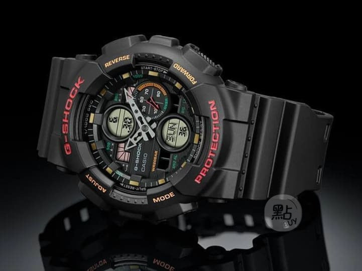CASIO GA-140-1A4ER G-Shock 200M 防水 防震 - 手錶四分之三角度圖，黑色背景