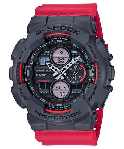 CASIO GA-140-4ADR G-Shock 200M Water Resistant 防震手錶 - 灰紅色錶款，正面白色背景