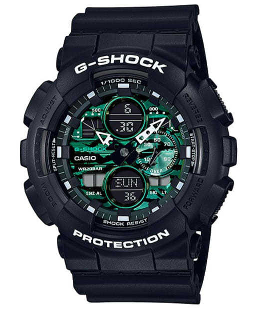 CASIO GA-140MG-1AER G-Shock 200M 防水 防震 - 黑色錶款配綠色迷彩錶面，正面白色背景