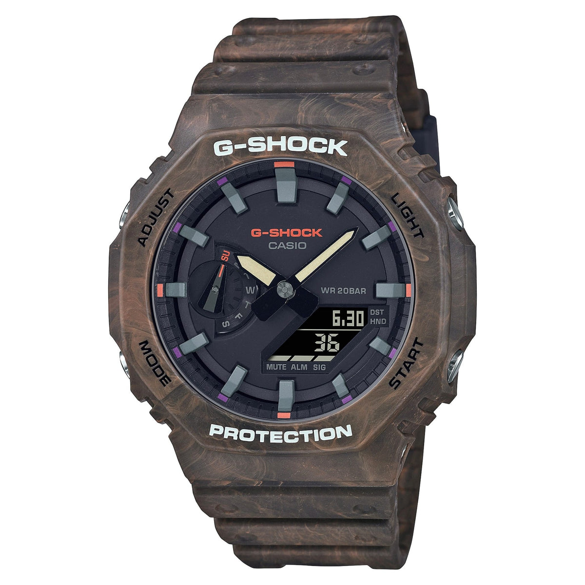 CASIO GA-2100FR-5AER G-Shock 棕色 200M 防水 防震 - 大理石紋棕色樹脂錶款，正面白色背景