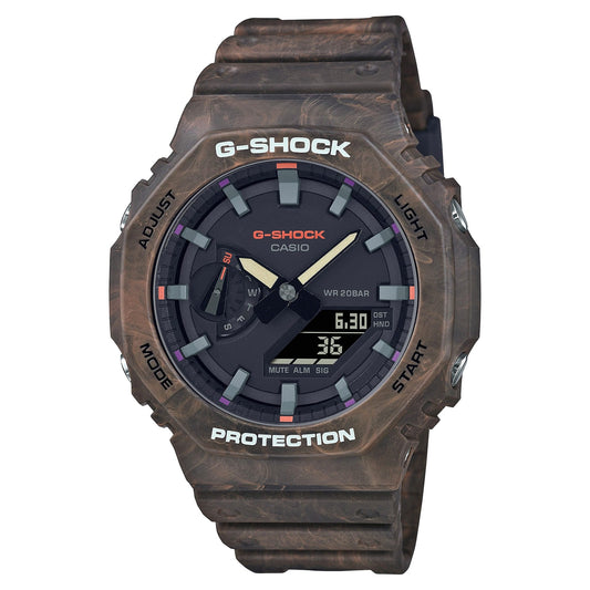 CASIO GA-2100FR-5AER G-Shock 棕色 200M 防水 防震 - 大理石紋棕色樹脂錶款，正面白色背景