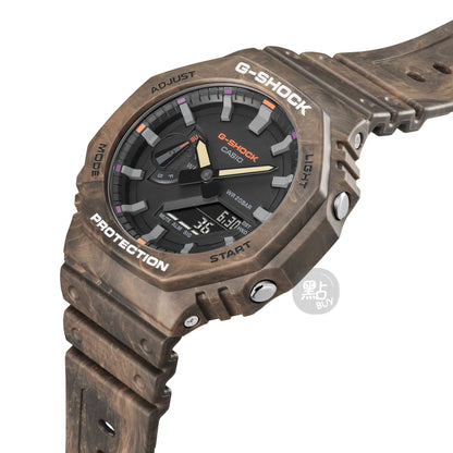 CASIO GA-2100FR-5AER G-Shock 棕色 200M 防水 防震 - 大理石紋樹脂錶殼四分之三角度圖
