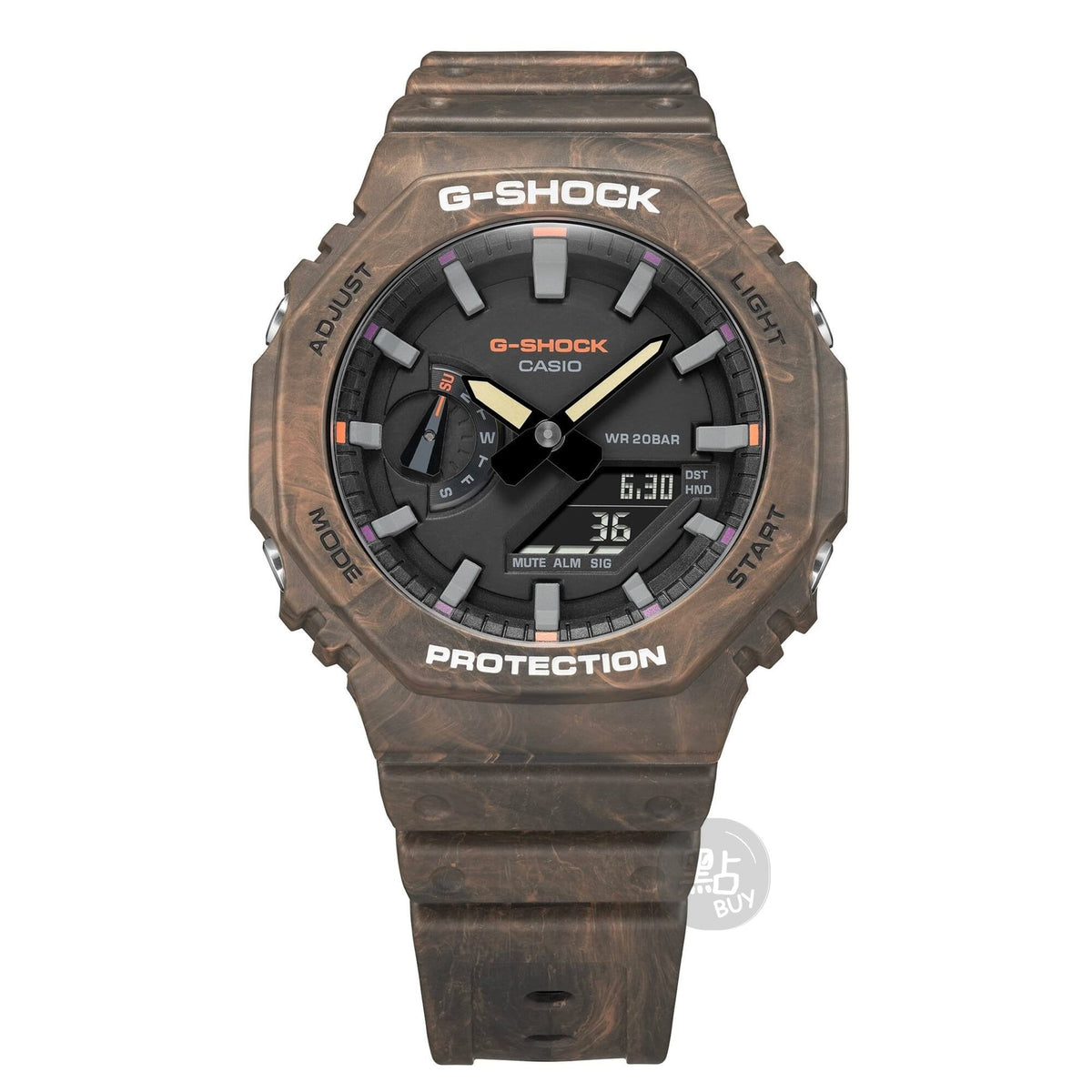 CASIO GA-2100FR-5AER G-Shock 棕色 200M 防水 防震 - 八角形錶圈及錶面正面特寫
