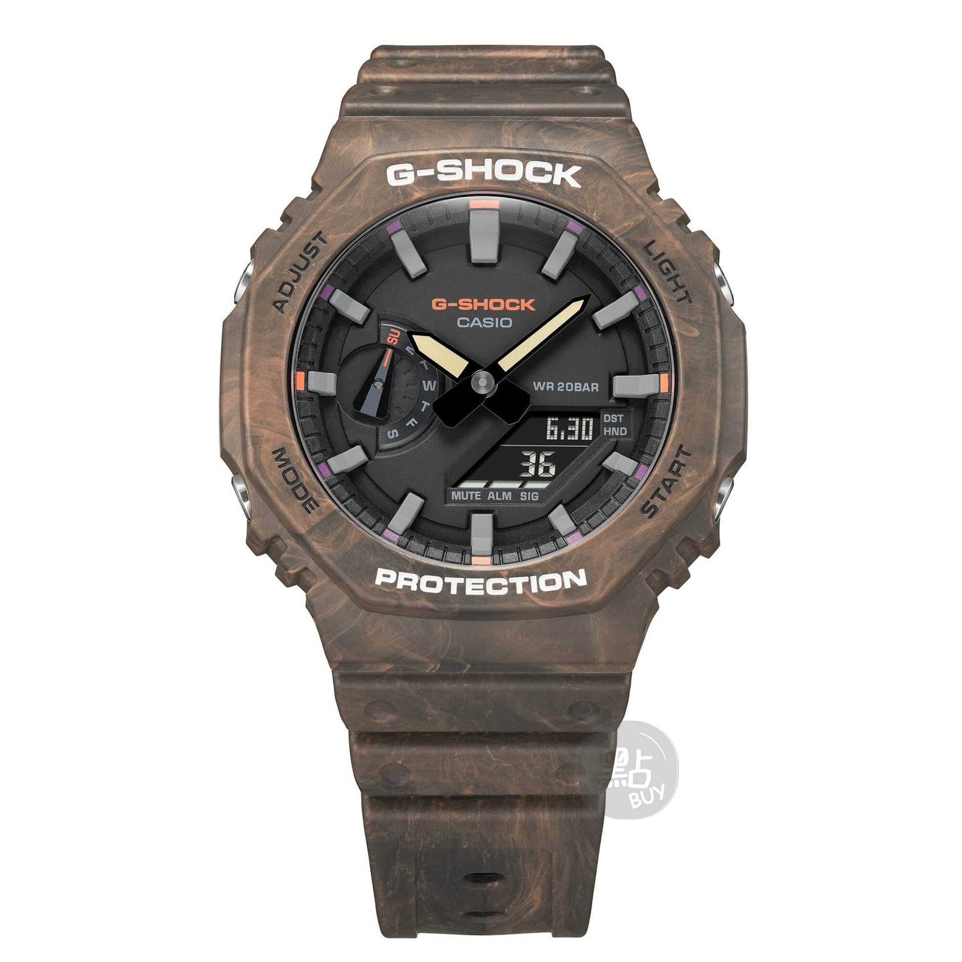 CASIO GA-2100FR-5AER G-Shock 棕色 200M 防水 防震 - 八角形錶圈及錶面正面特寫