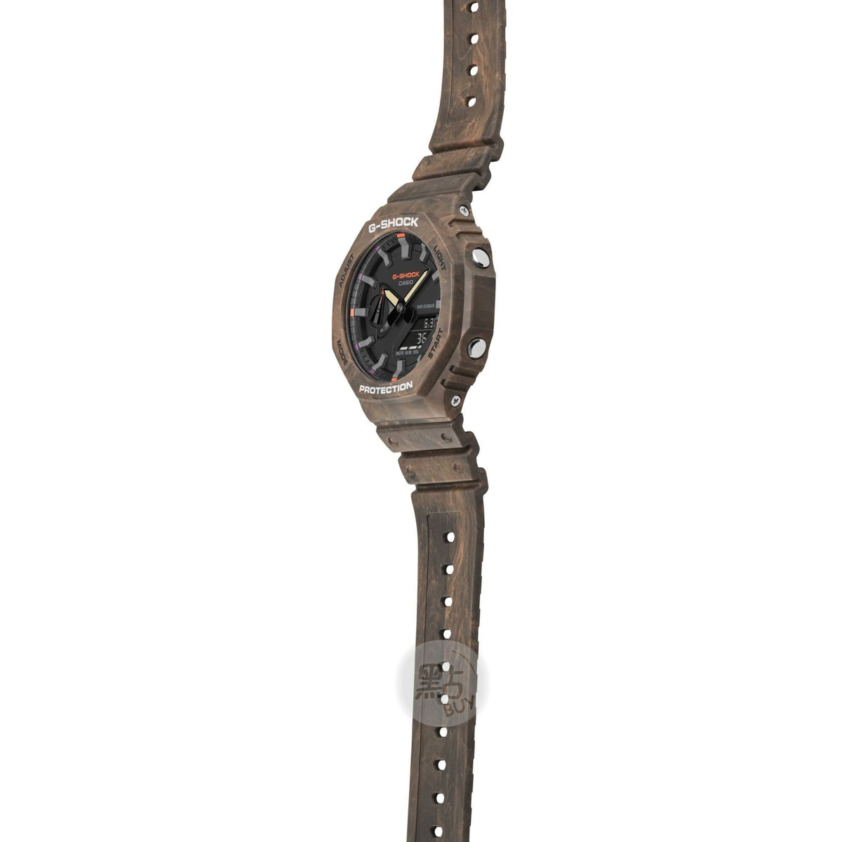CASIO GA-2100FR-5AER G-Shock 棕色 200M 防水 防震 - 側面圖，展示錶殼厚度及按鈕