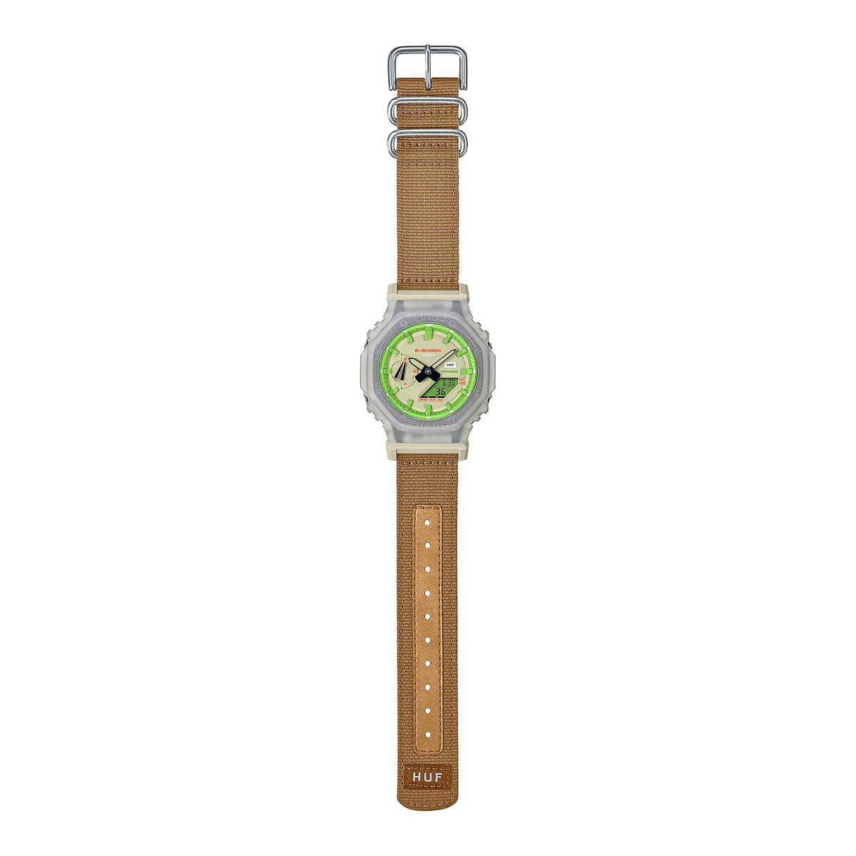 CASIO GA-2100HUF-5AER G-Shock 石英米色透明中性手錶 - 手錶配棕褐色HUF尼龍錶帶，完整平放圖