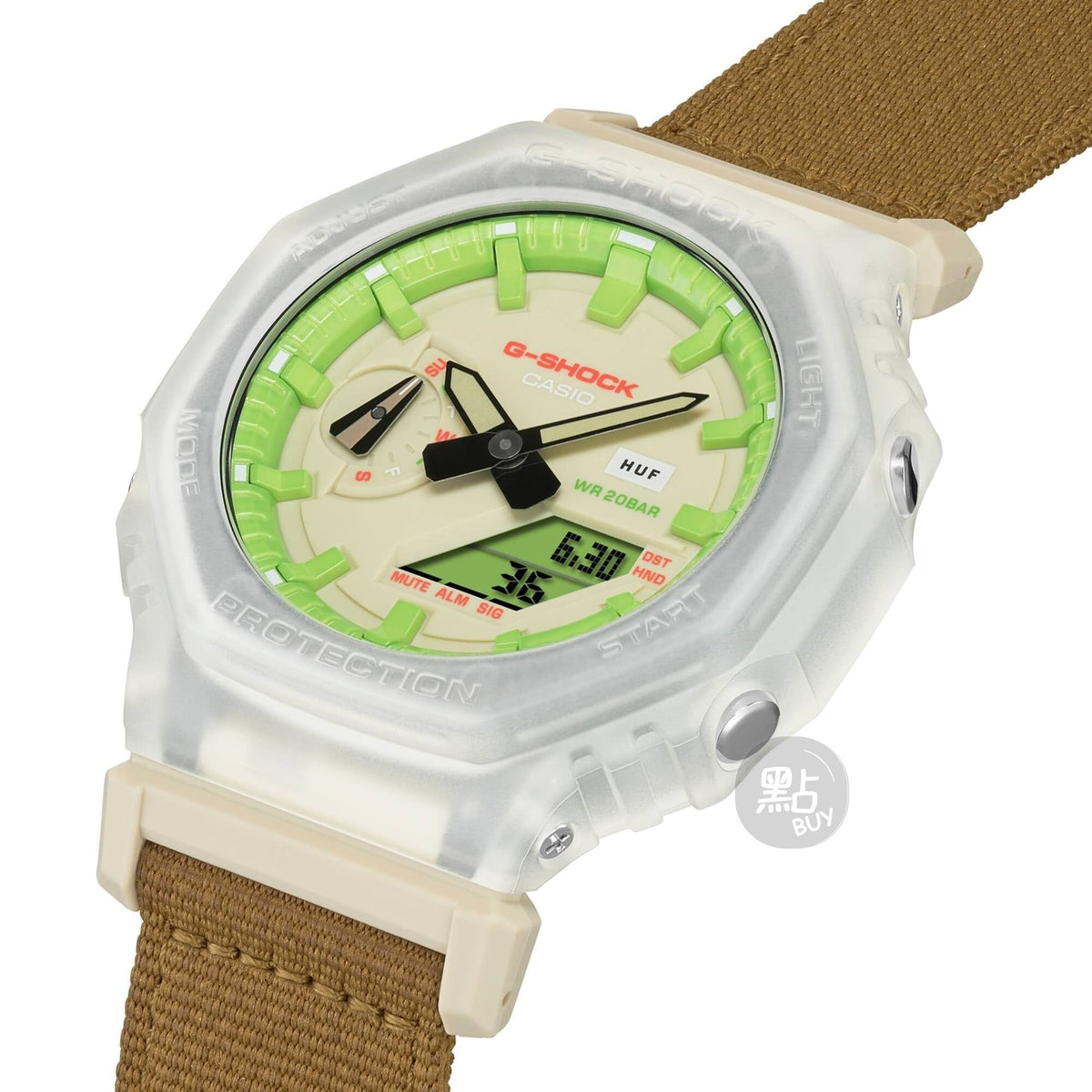 CASIO GA-2100HUF-5AER G-Shock 石英米色透明中性手錶 - 手錶四分之三角度圖，突顯錶面HUF標誌
