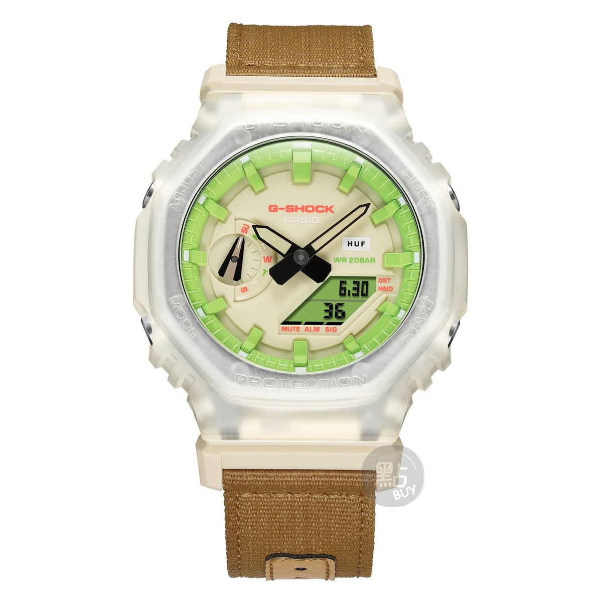 CASIO GA-2100HUF-5AER G-Shock 石英米色透明中性手錶 - 手錶正對鏡頭正面圖，配棕褐色帆布錶帶