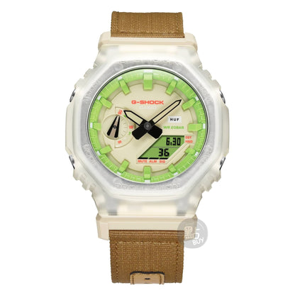 CASIO GA-2100HUF-5AER G-Shock 石英米色透明中性手錶 - 手錶正對鏡頭正面圖，配棕褐色帆布錶帶