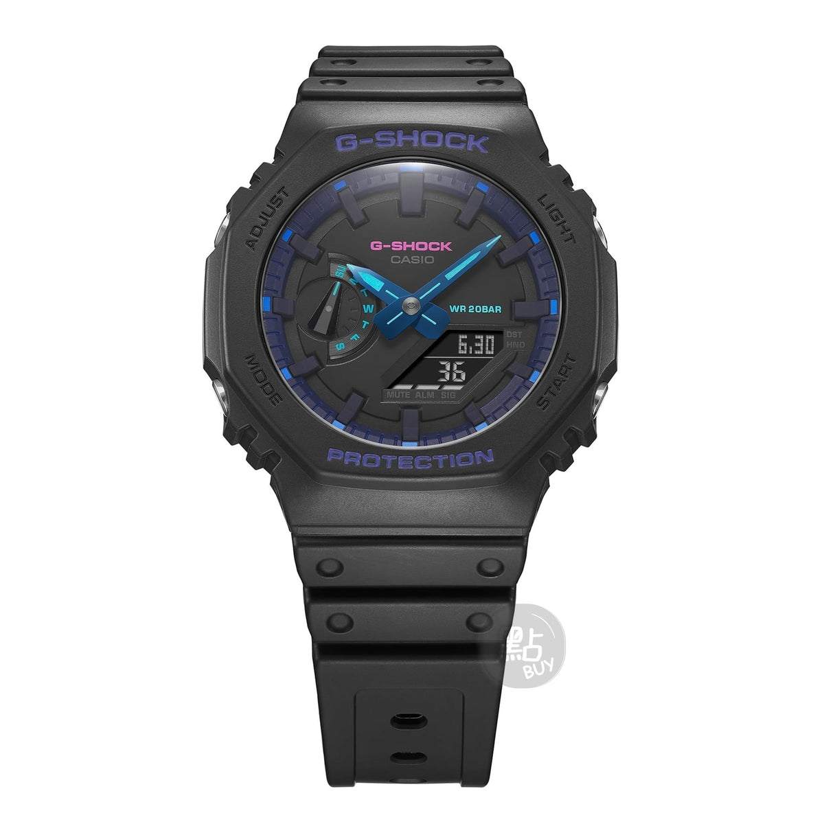 CASIO GA-2100VB-1AER G-Shock 200M 防水 防震 - 八角形錶圈特寫，展示紫藍色錶面點綴