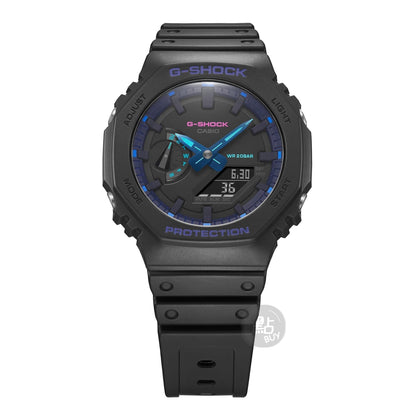 CASIO GA-2100VB-1AER G-Shock 200M 防水 防震 - 八角形錶圈特寫，展示紫藍色錶面點綴