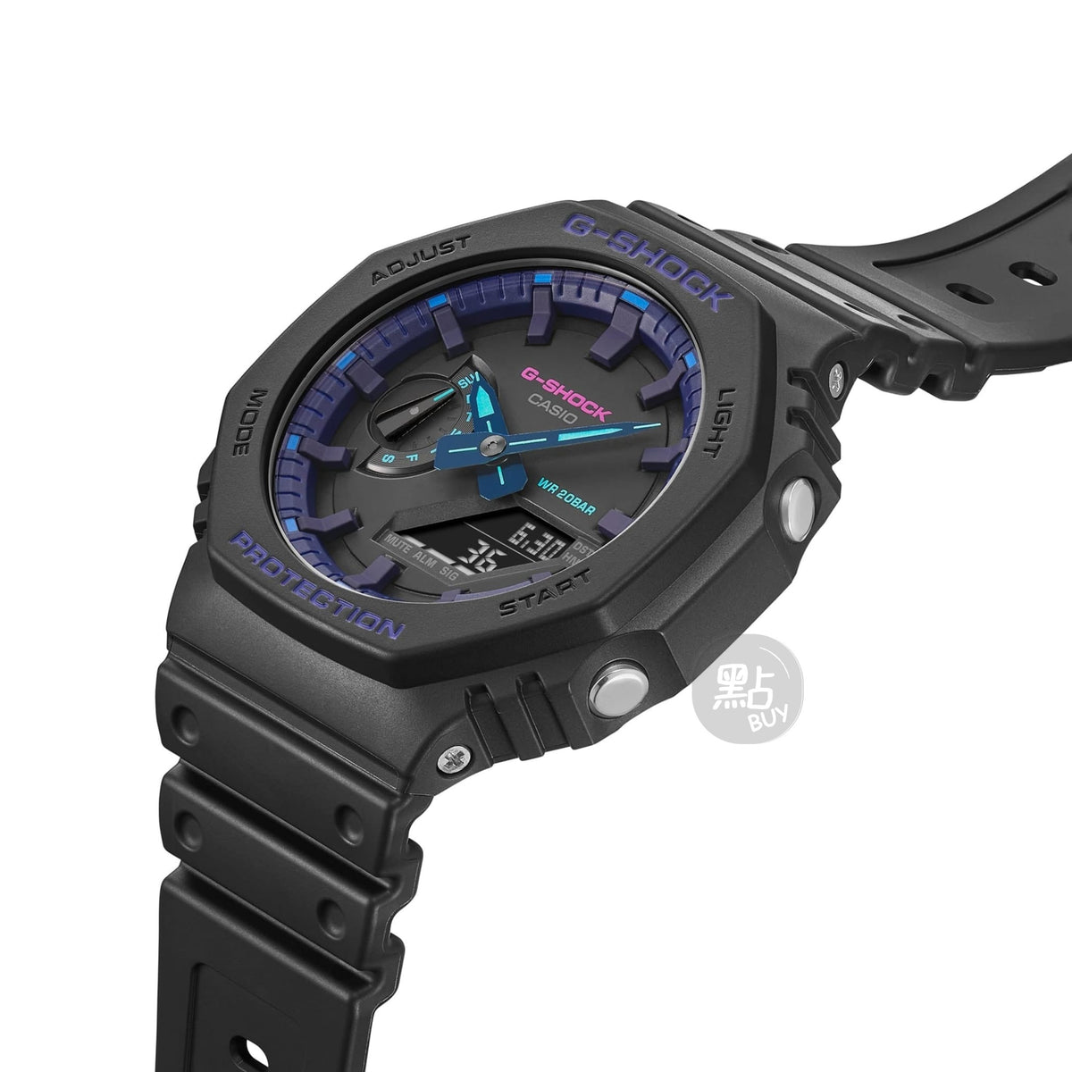 CASIO GA-2100VB-1AER G-Shock 200M 防水 防震 - 手錶四分之三角度圖，展示錶殼側面及錶帶