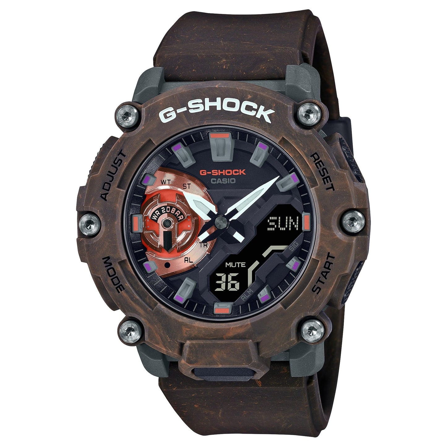 CASIO GA-2200MFR-5AER G-Shock 樹脂錶帶 200米防水 - 大理石紋棕色樹脂錶款，正面白色背景
