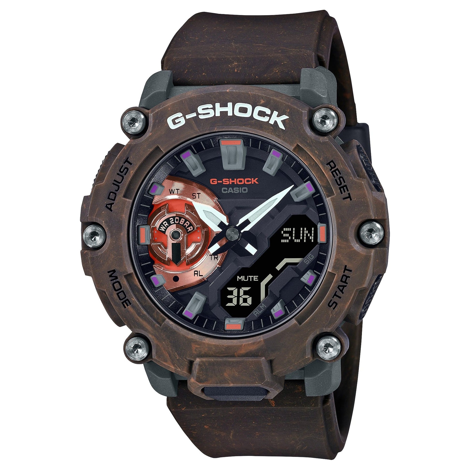 CASIO GA-2200MFR-5AER G-Shock 樹脂錶帶 200米防水 - 大理石紋棕色樹脂錶款，正面白色背景