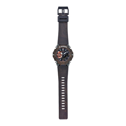 CASIO GA-2200MFR-5AER G-Shock 樹脂錶帶 200米防水 - 全身圖，展示玫瑰金錶面點綴及錶帶