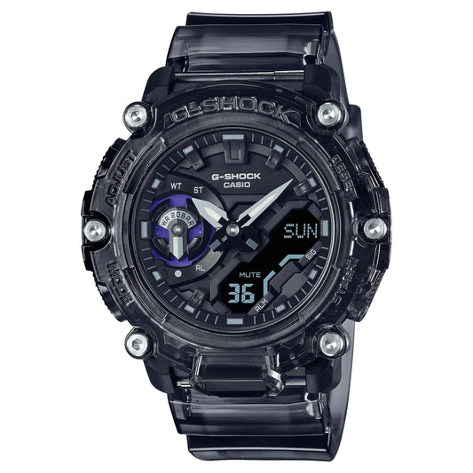CASIO GA-2200SKL-8AER G-Shock 樹脂錶帶 200米防水 - 半透明黑色錶款，正面白色背景