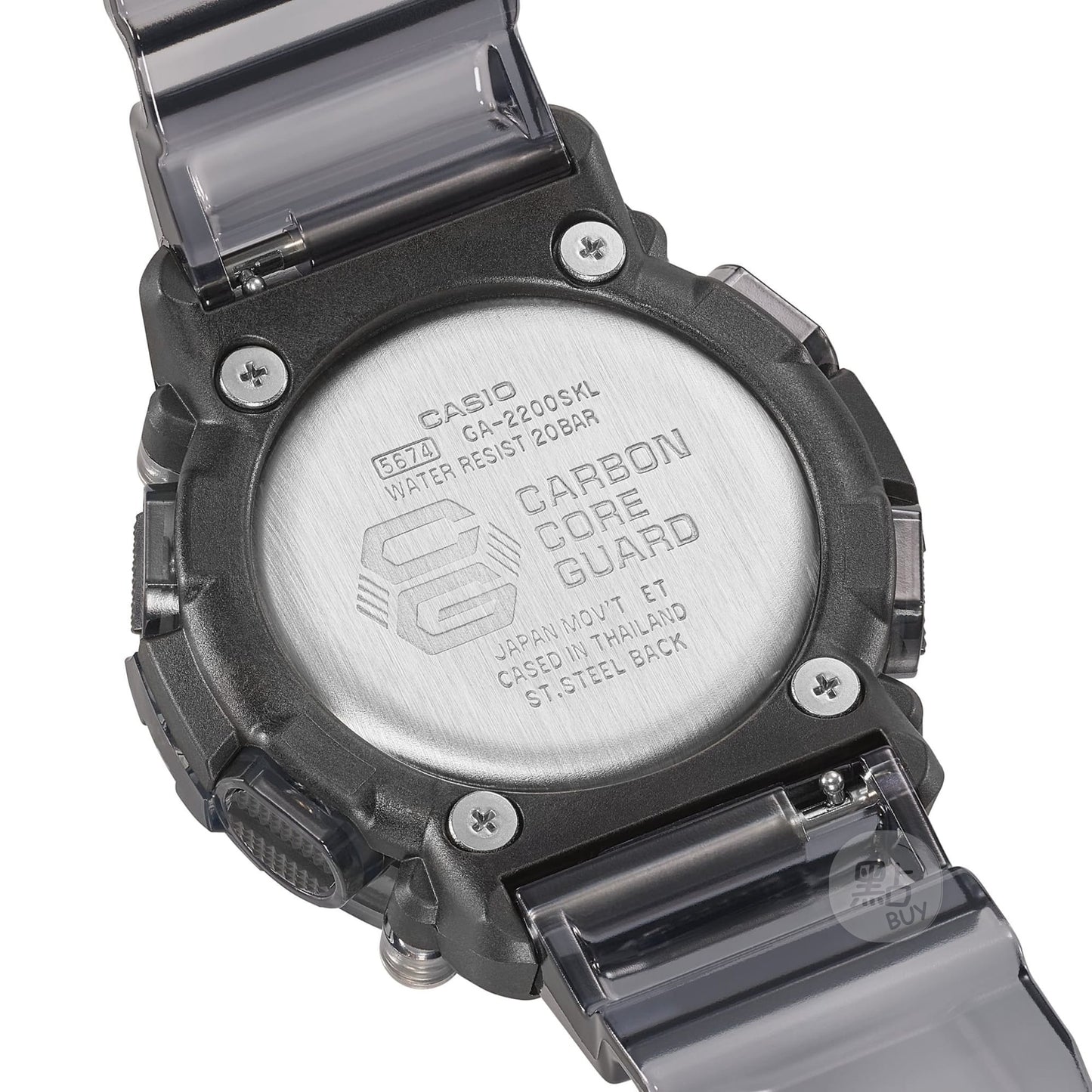 CASIO GA-2200SKL-8AER G-Shock 樹脂錶帶 200米防水 - 錶背細節，展示Carbon Core Guard刻字