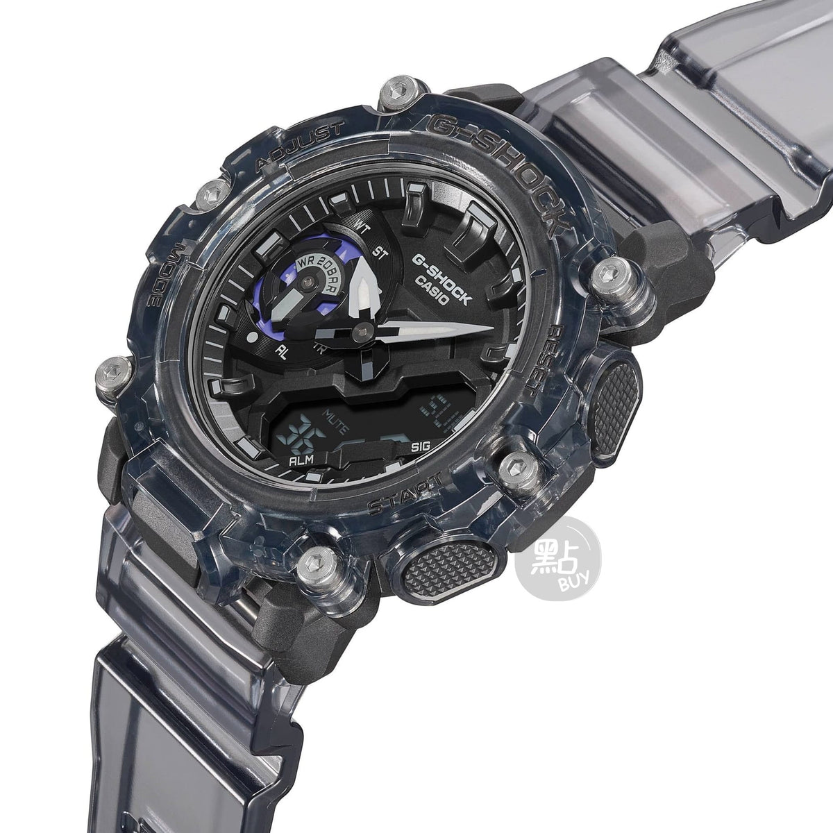 CASIO GA-2200SKL-8AER G-Shock 樹脂錶帶 200米防水 - 手錶四分之三角度圖，突顯側邊按鈕及錶冠