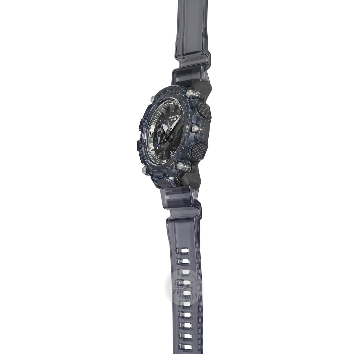 CASIO GA-2200SKL-8AER G-Shock 樹脂錶帶 200米防水 - 懸掛側面圖，突顯錶殼厚度