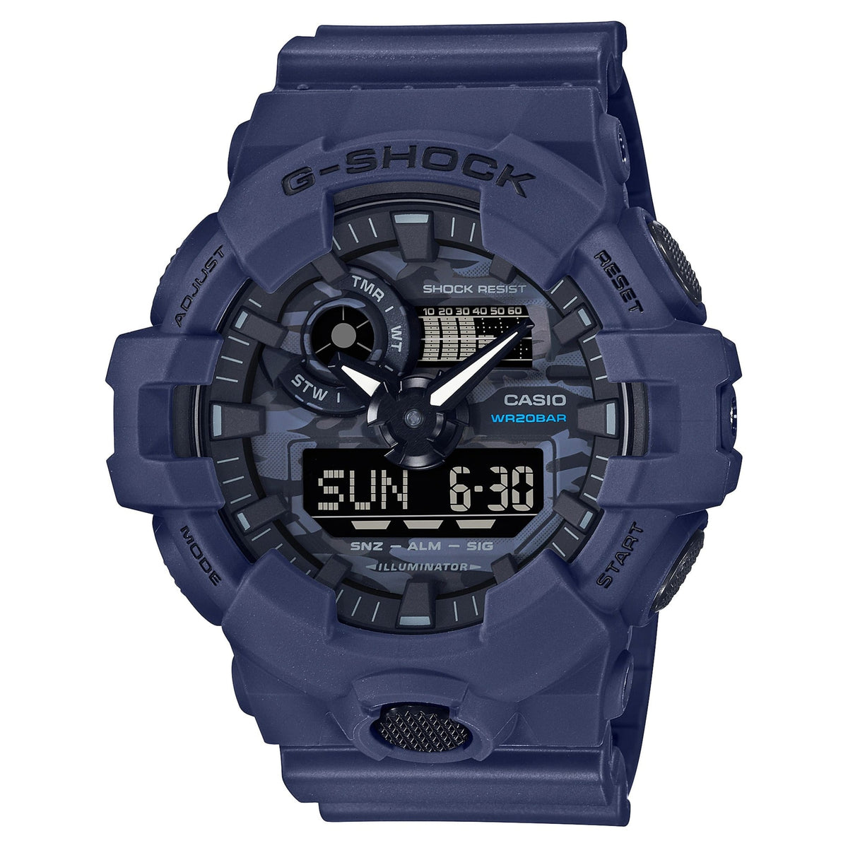 CASIO GA-700CA-2AER G-Shock 樹脂錶帶 200米防水 - 海軍藍錶款，正面白色背景