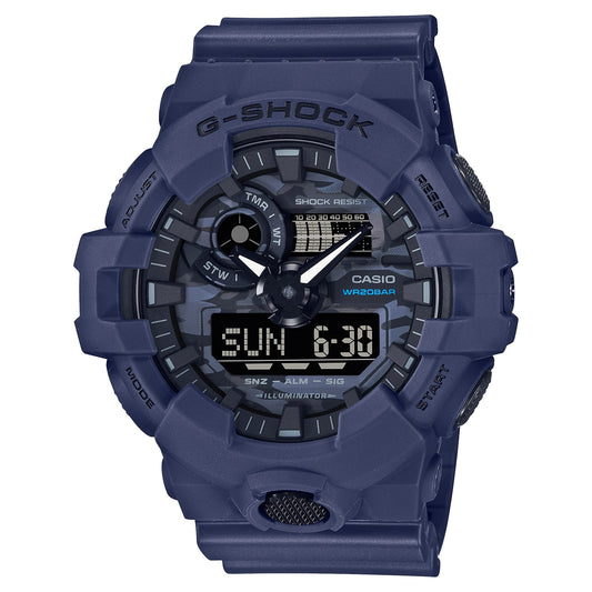 CASIO GA-700CA-2AER G-Shock 樹脂錶帶 200米防水 - 海軍藍錶款，正面白色背景