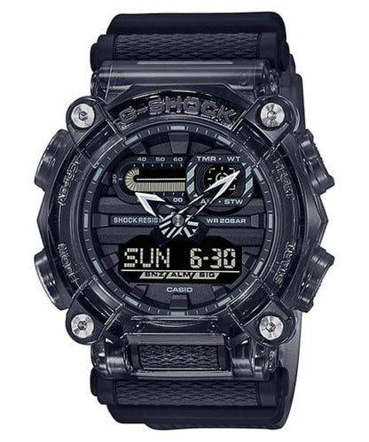 CASIO GA-900SKE-8AJR G-Shock 200M 防水 防震 - 半透明煙灰色樹脂錶款，正面白色背景