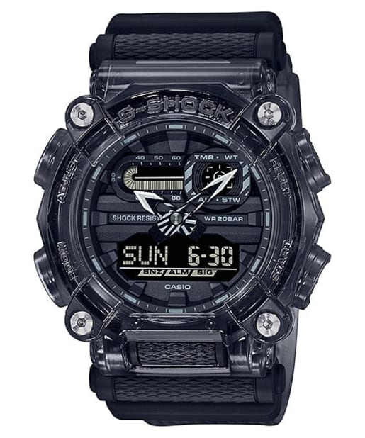 CASIO GA-900SKE-8AJR G-Shock 200M 防水 防震 - 半透明煙灰色樹脂錶款，正面白色背景