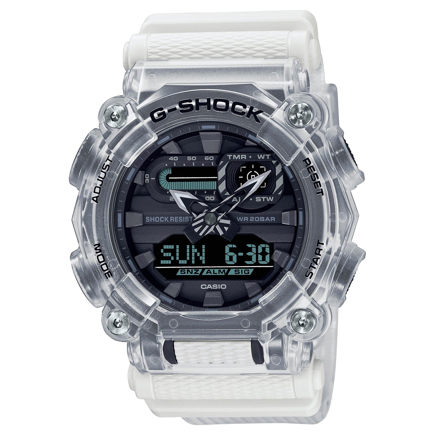CASIO GA-900SKL-7AER G-Shock 200M 防水 防震 - 鏤空錶款，正面白色背景